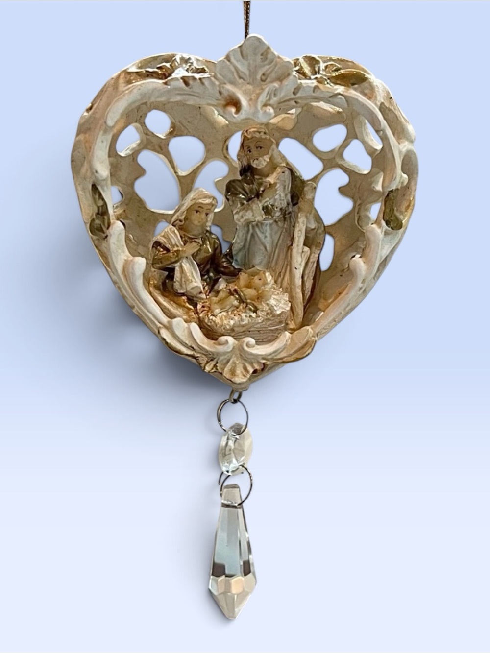 Vintage White Gold Resin Heart‎ Nativity Ornament Crystal Prism Drop Holy Family